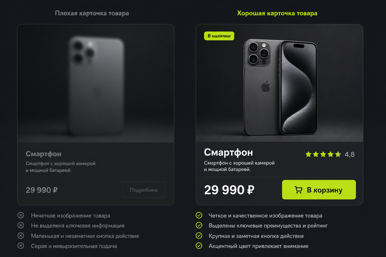 Сравнение слабой и сильной карточки товара в каталоге