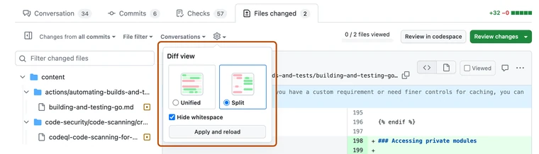 Экран из документации GitHub: просмотр изменённых файлов и различий кода
