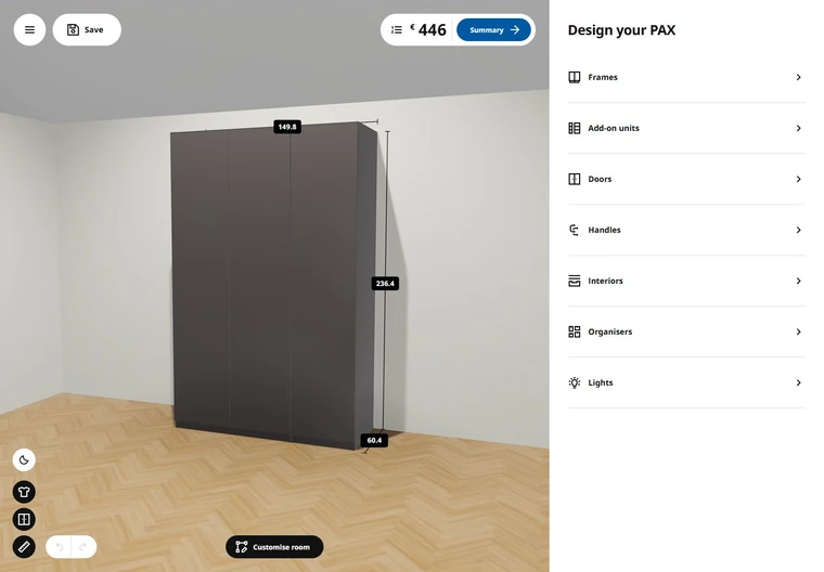 Планировщик IKEA PAX: размеры шкафа, визуализация и разделы комплектующих