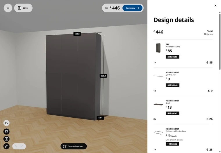 IKEA PAX: список артикулов, количество деталей и цена конфигурации