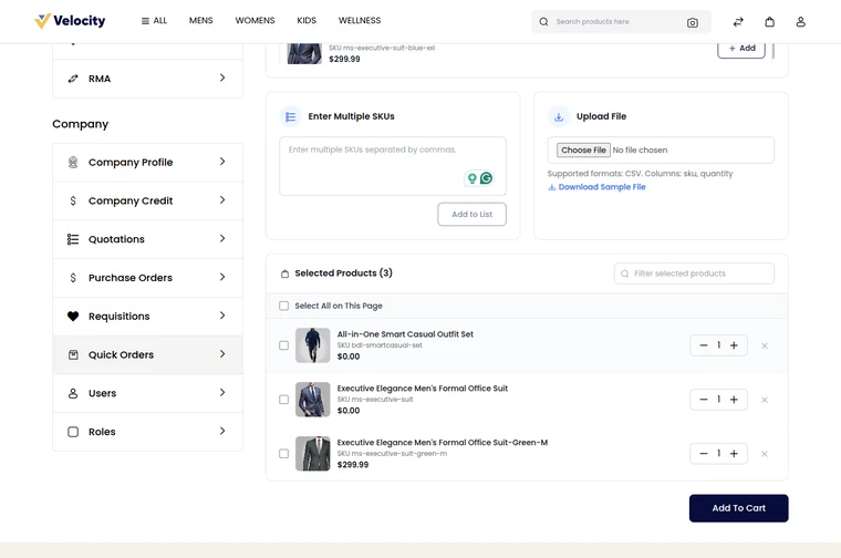 Быстрый заказ Bagisto B2B: несколько артикулов, CSV и выбранные товары