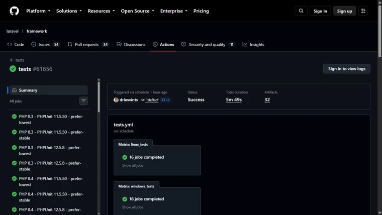 Публичный запуск автоматических проверок laravel/framework в GitHub Actions