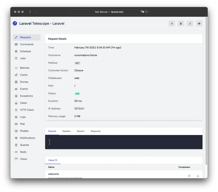 Официальный пример Laravel Telescope: путь, ответ и длительность запроса