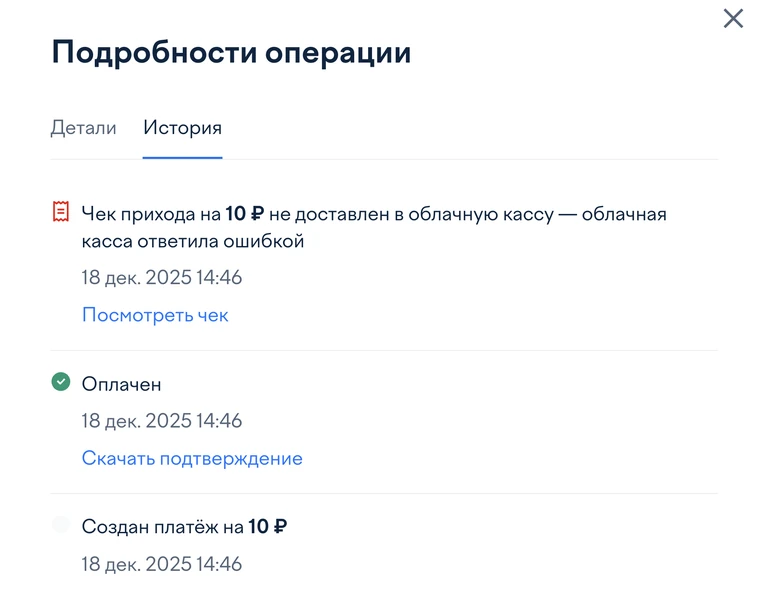 Пример из справки ЮKassa: успешный платёж и ошибка доставки чека в облачную кассу